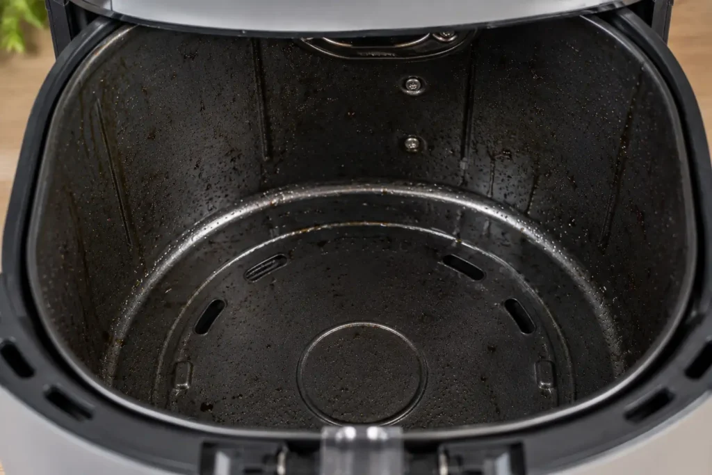 interior de uma air fryer com respingos e pequenas manchas de gordura nas paredes