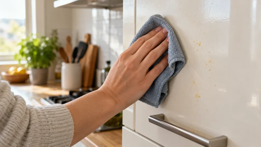 3 - Limpeza de gordura do armário de cozinha com pano úmido