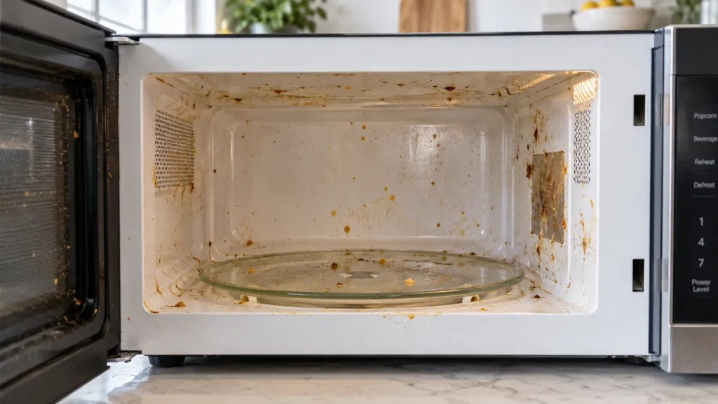 Micro-ondas muito sujo por dentro com gordura e comida seca