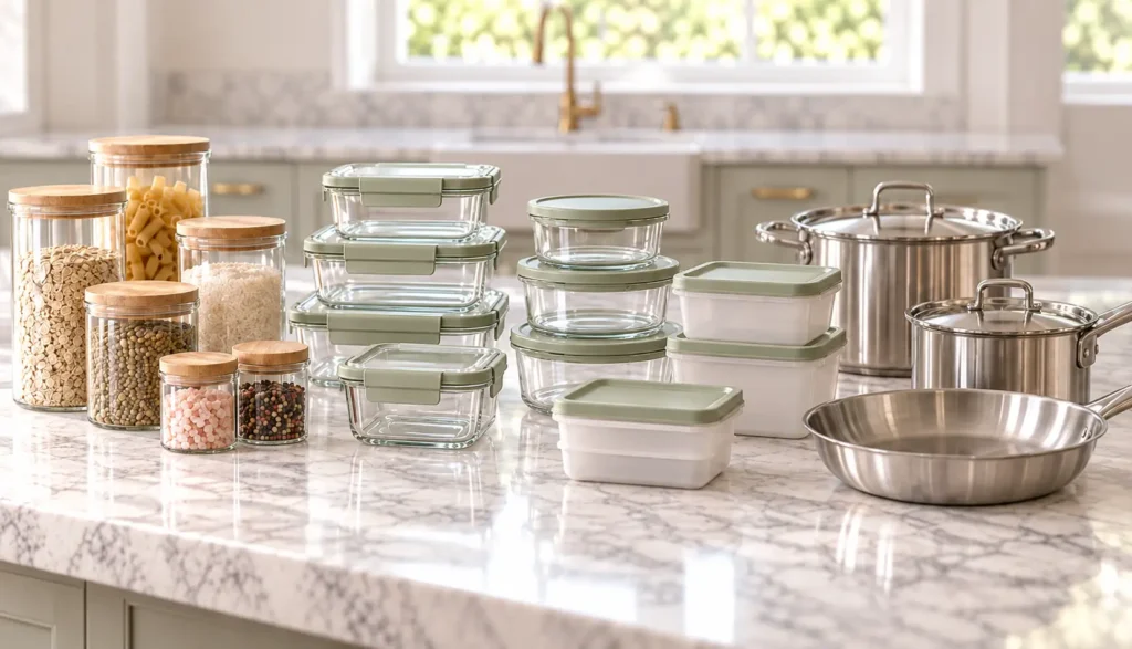 separando itens para organizar armário de cozinha em pilhas